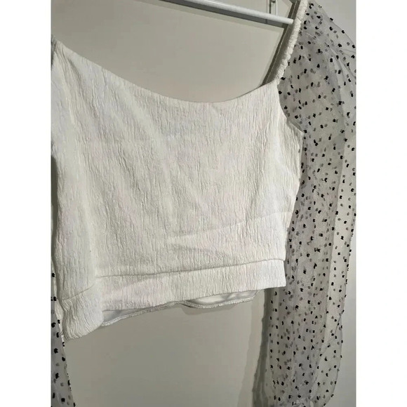 Zara White Cropped Mesh Puff Sleeve Swiss Dot Top - Picture 7 of 10